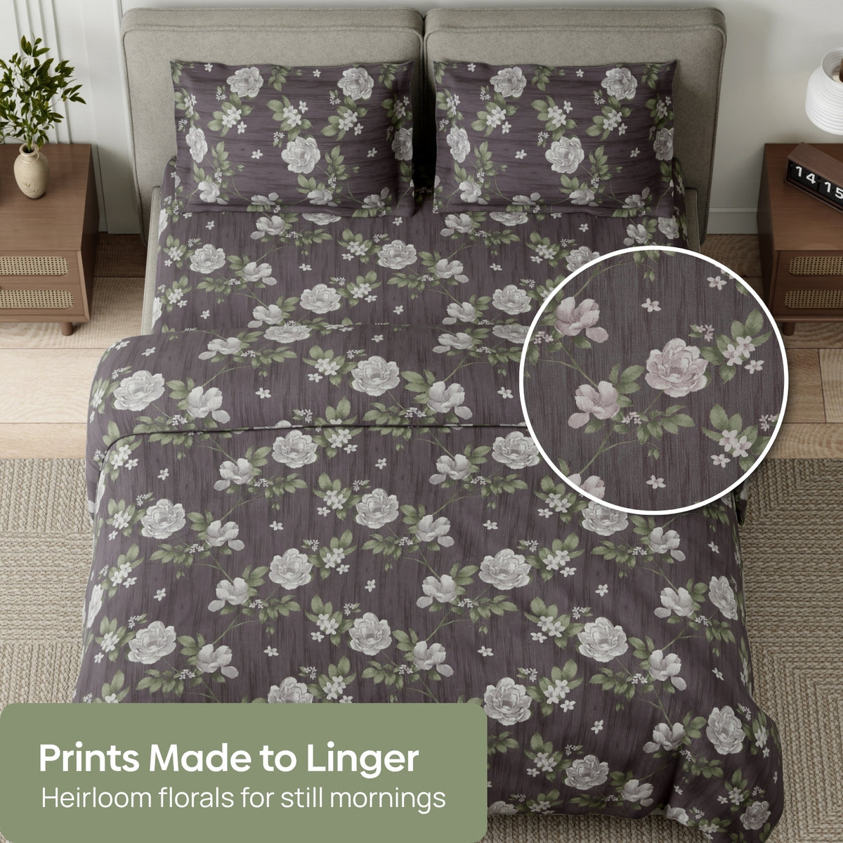 Rose Cascade 100% Cotton Double Flat Bedsheet, Charcoal Gray - 144 TC - Bedsheets | haus & kinder