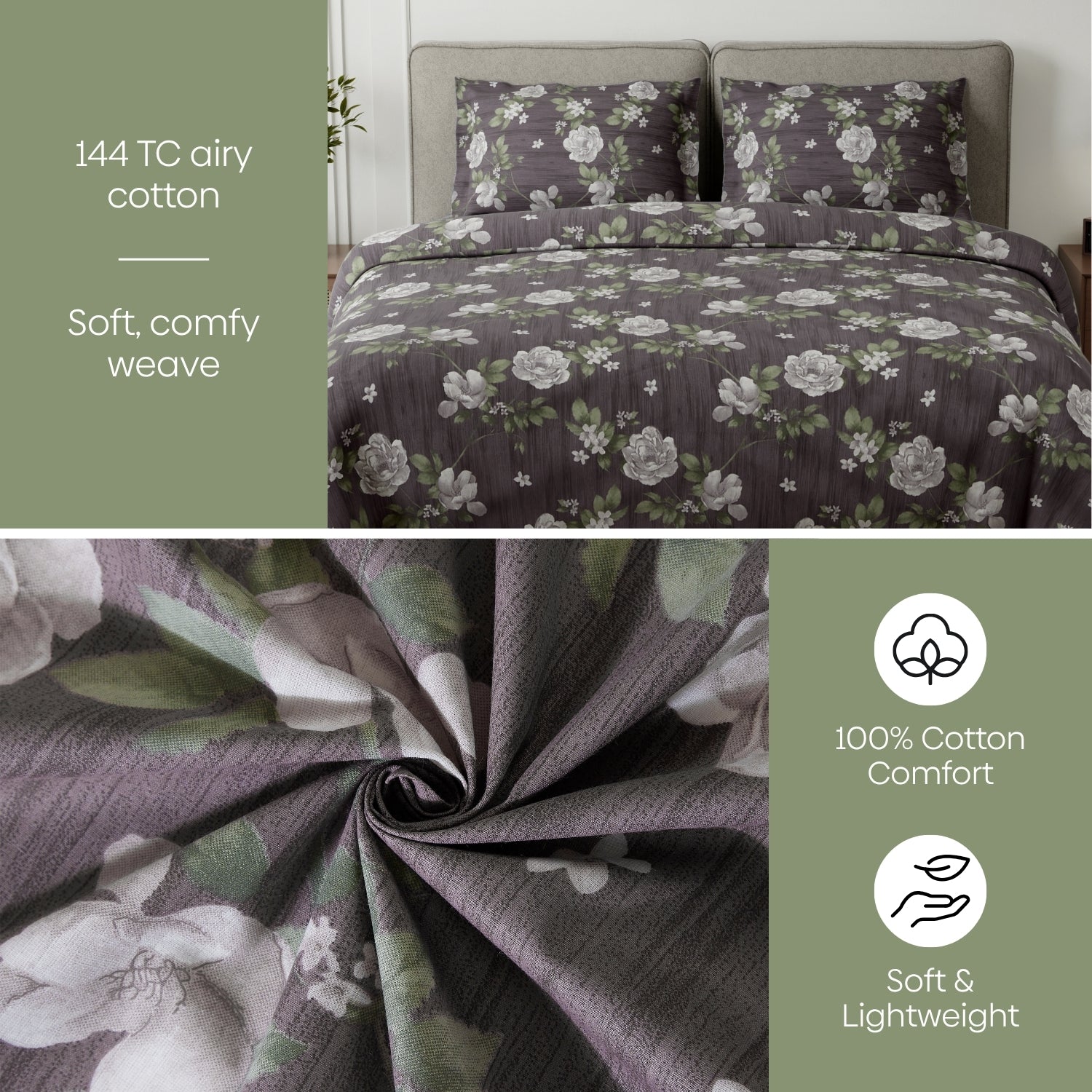 Rose Cascade 100% Cotton Double Flat Bedsheet, Charcoal Gray - 144 TC - Bedsheets | haus & kinder