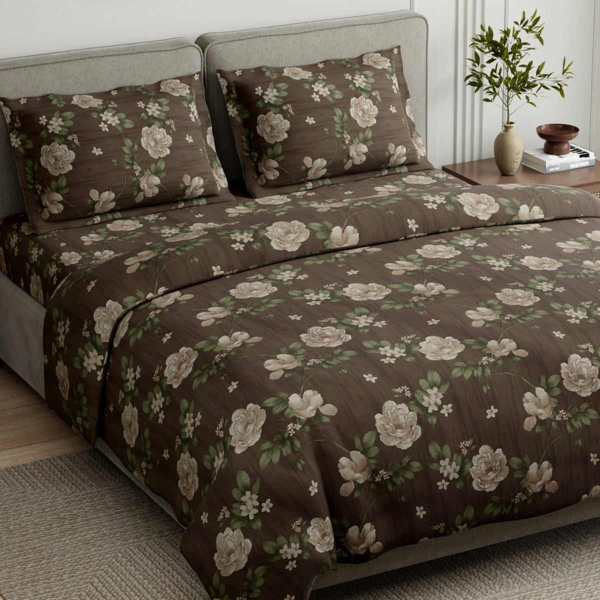 Rose Cascade 100% Cotton Double Flat Bedsheet, Taupe Brown - 144 TC - Bedsheets | haus & kinder