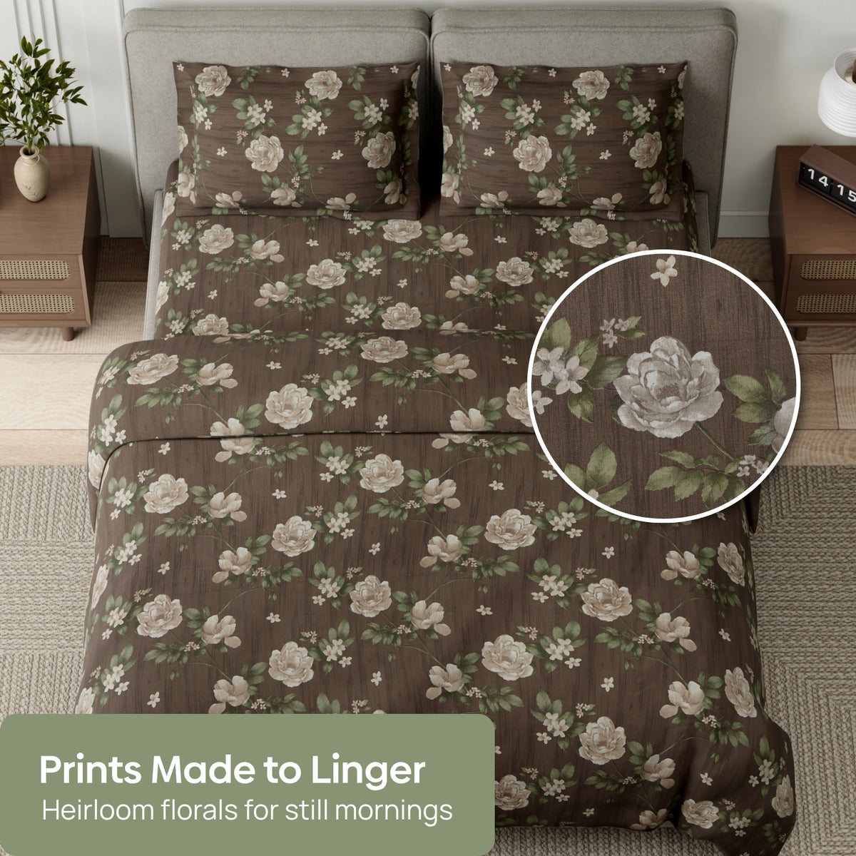 Rose Cascade 100% Cotton Double Flat Bedsheet, Taupe Brown - 144 TC - Bedsheets | haus & kinder