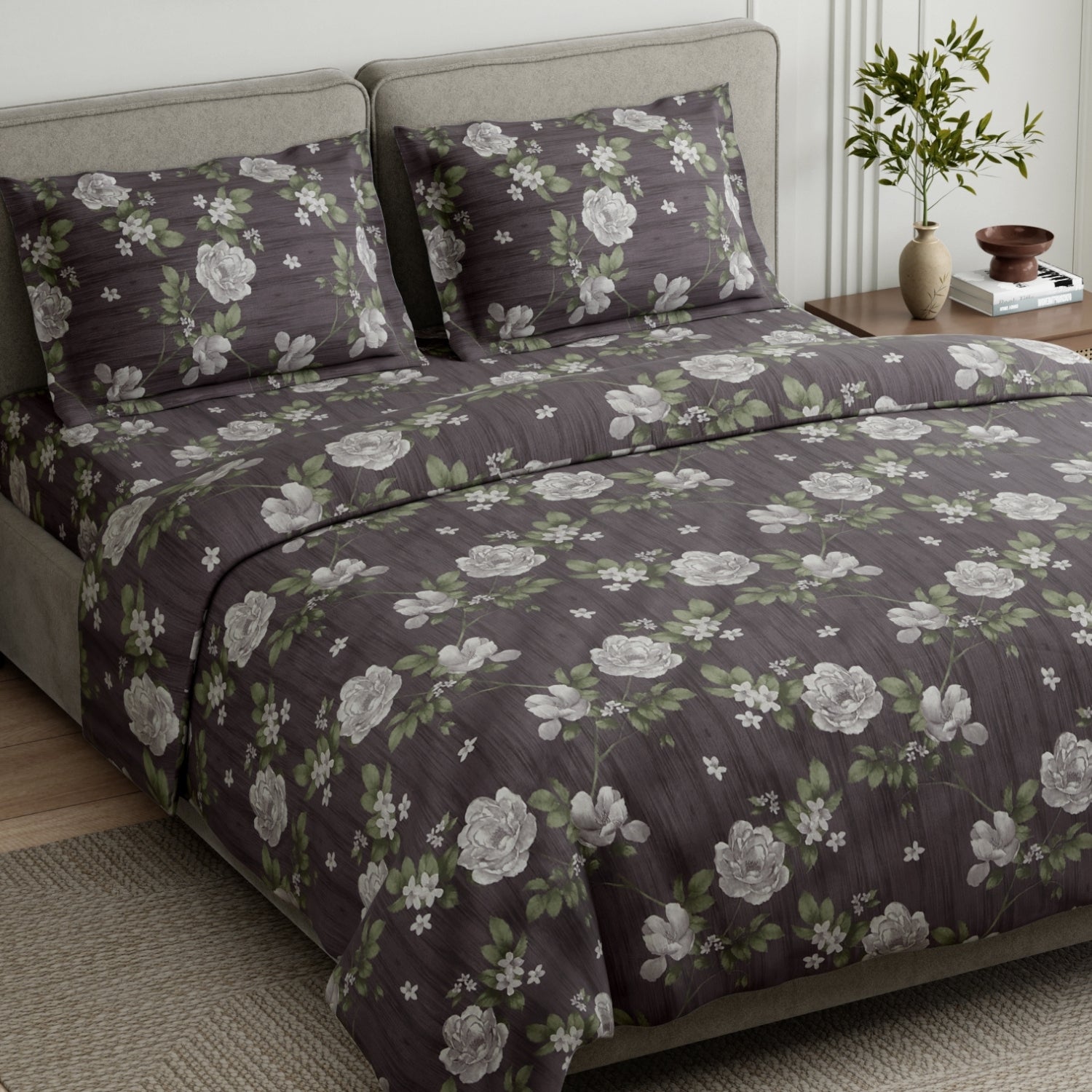 Rose Cascade 100% Cotton Double Flat Bedsheet, Slate Blue - 144 TC - Bedsheets | haus & kinder