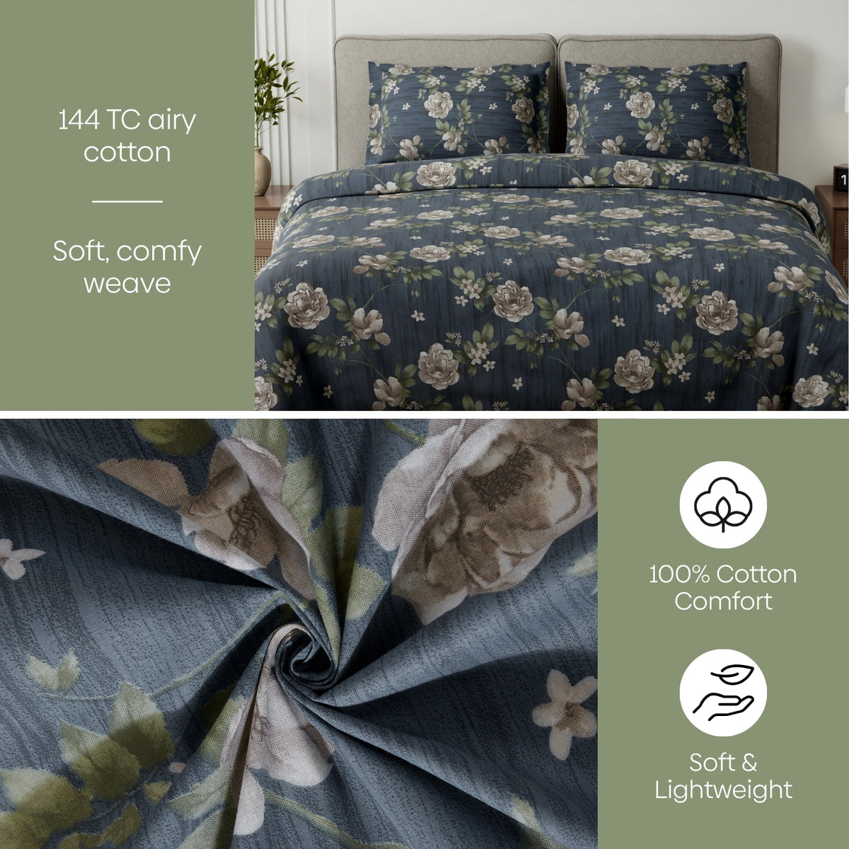 Rose Cascade 100% Cotton Double Flat Bedsheet, Slate Blue - 144 TC - Bedsheets | haus & kinder