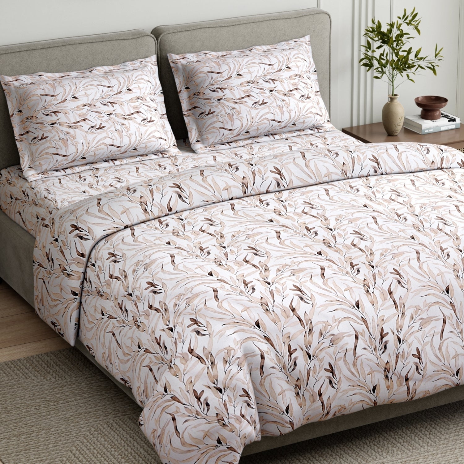 Whispering Willow 100% Cotton Double Flat Bedsheet, Ash Brown - 186 TC - Bedsheets | haus & kinder