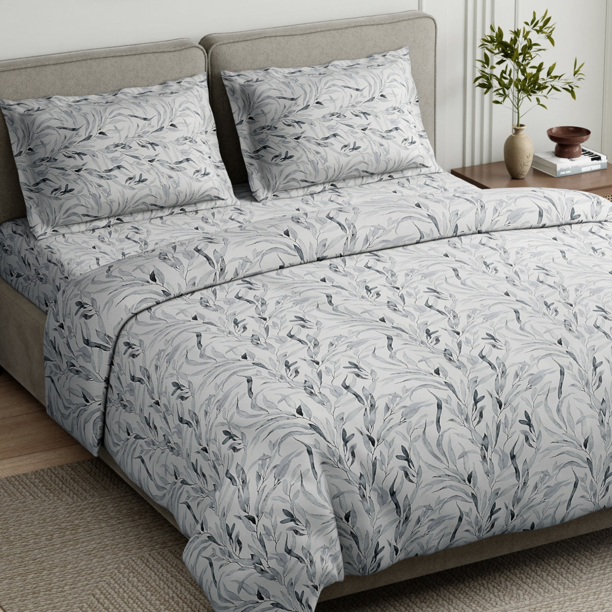 Whispering Willow 100% Cotton Double Flat Bedsheet, Mist Blue - 186 TC - Bedsheets | haus & kinder