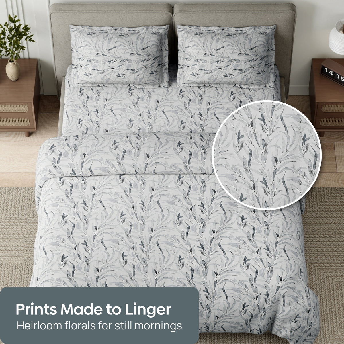 Whispering Willow 100% Cotton Double Flat Bedsheet, Mist Blue - 186 TC - Bedsheets | haus & kinder