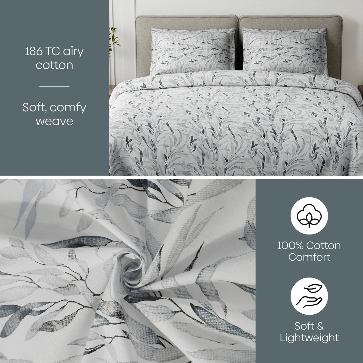 Whispering Willow 100% Cotton Double Flat Bedsheet, Mist Blue - 186 TC - Bedsheets | haus & kinder