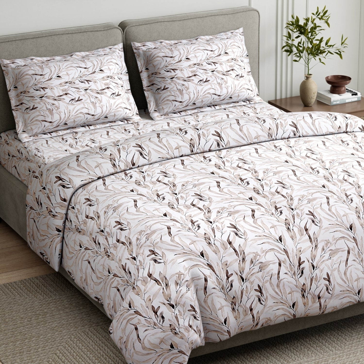 Whispering Willow 100% Cotton Double Flat Bedsheet, Beige - 186 TC - Bedsheets | haus & kinder