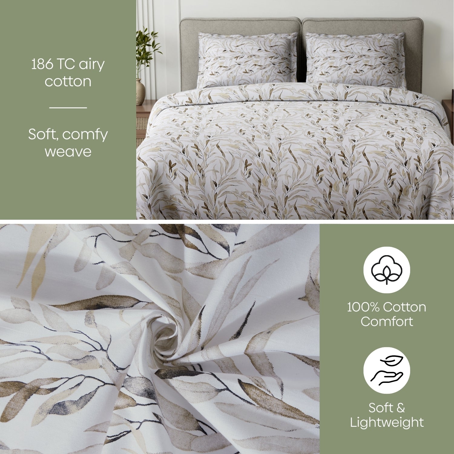 Whispering Willow 100% Cotton Double Flat Bedsheet, Soft Mocha - 186 TC - Bedsheets | haus & kinder
