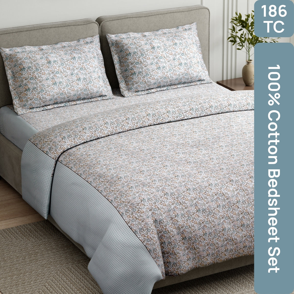 Cottage Calico 100% Cotton Double Flat Bedsheet, Pale Peach - 186 TC - Bedsheets | haus & kinder