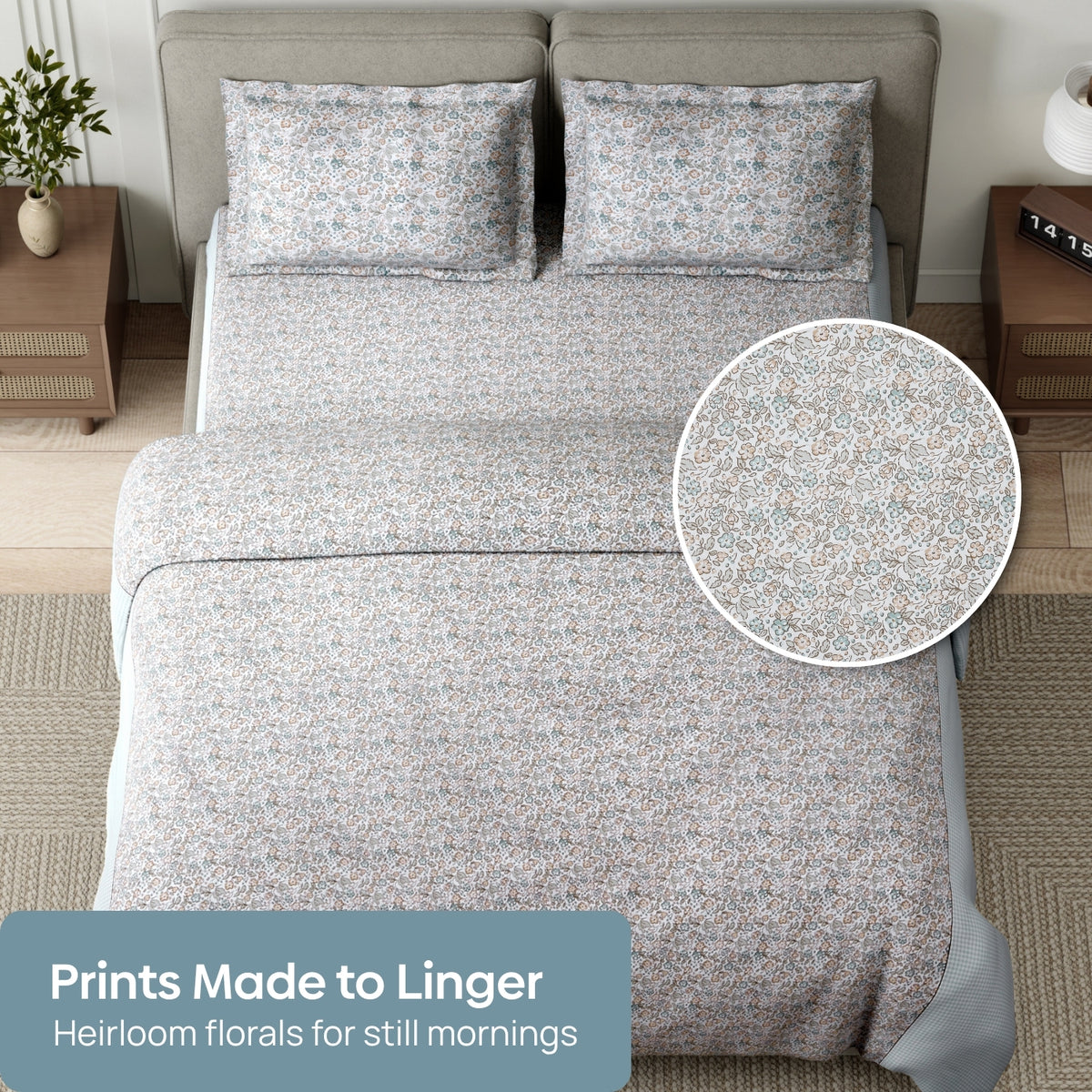 Cottage Calico 100% Cotton Double Flat Bedsheet, Pale Peach - 186 TC - Bedsheets | haus & kinder
