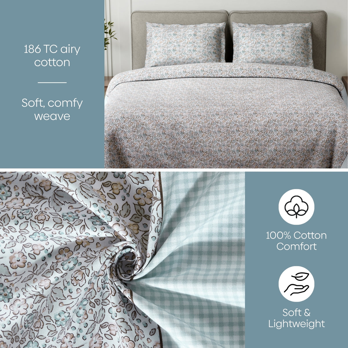 Cottage Calico 100% Cotton Double Flat Bedsheet, Pale Peach - 186 TC - Bedsheets | haus & kinder