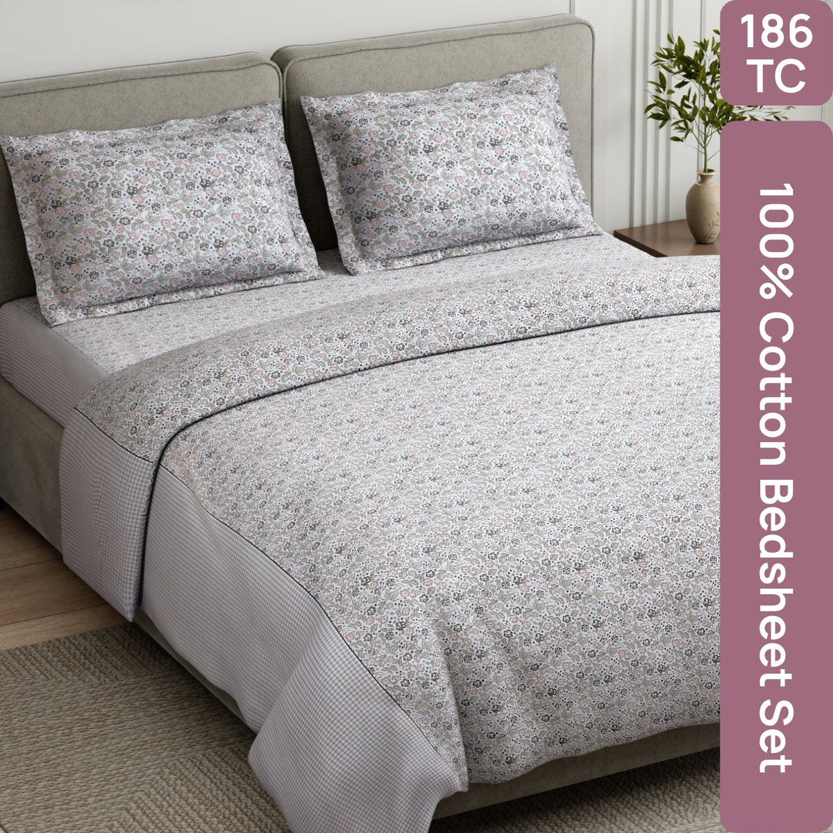 Cottage Calico 100% Cotton Double Flat Bedsheet, Muted Terracotta - 186 TC - Bedsheets | haus & kinder