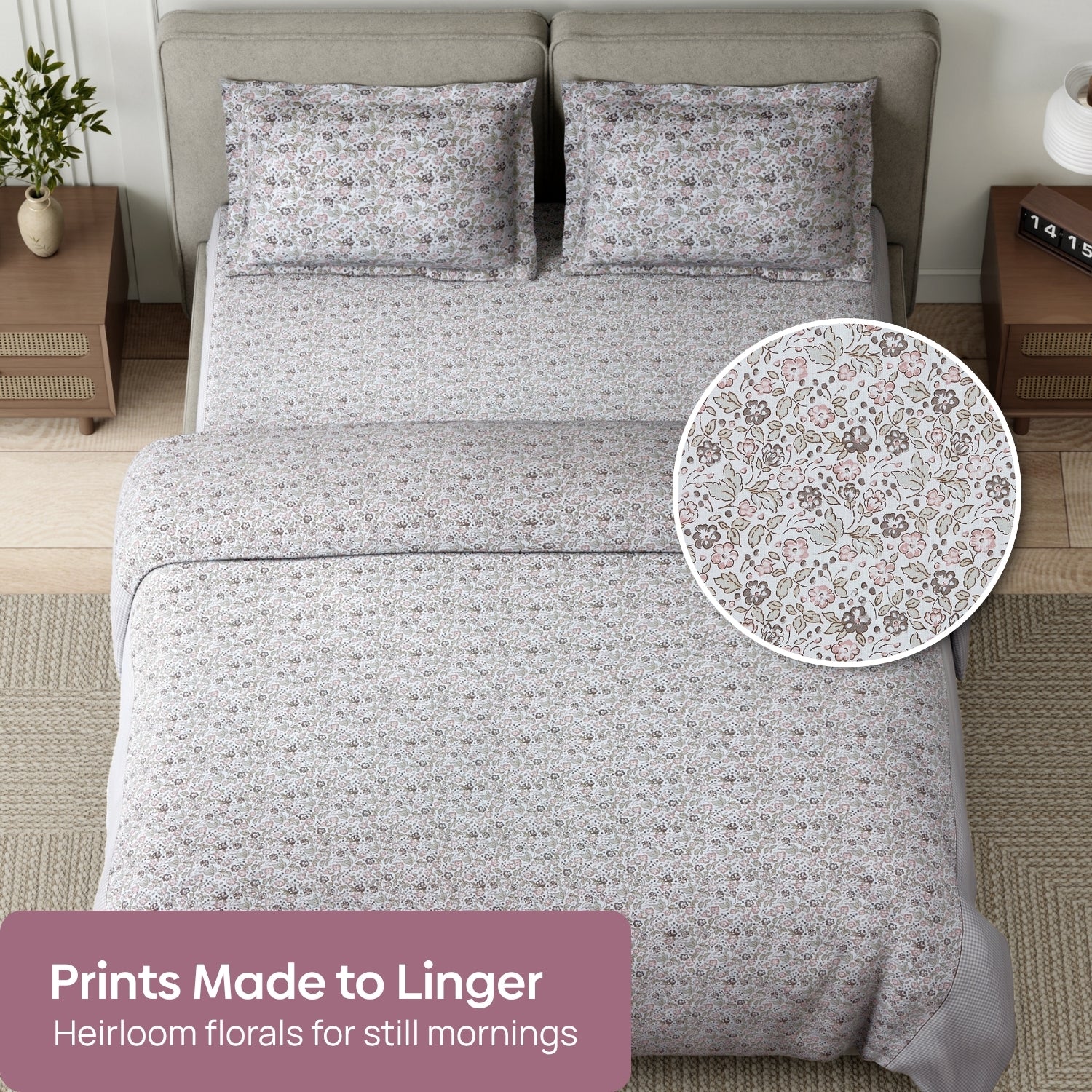 Cottage Calico 100% Cotton Double Flat Bedsheet, Muted Terracotta - 186 TC - Bedsheets | haus & kinder
