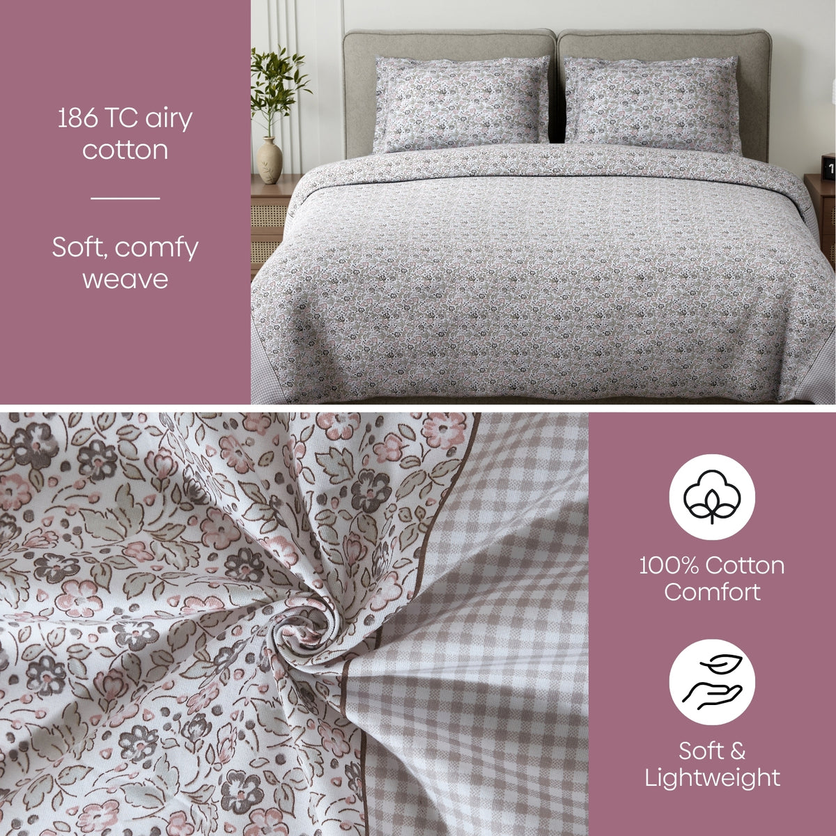 Cottage Calico 100% Cotton Double Flat Bedsheet, Muted Terracotta - 186 TC - Bedsheets | haus & kinder
