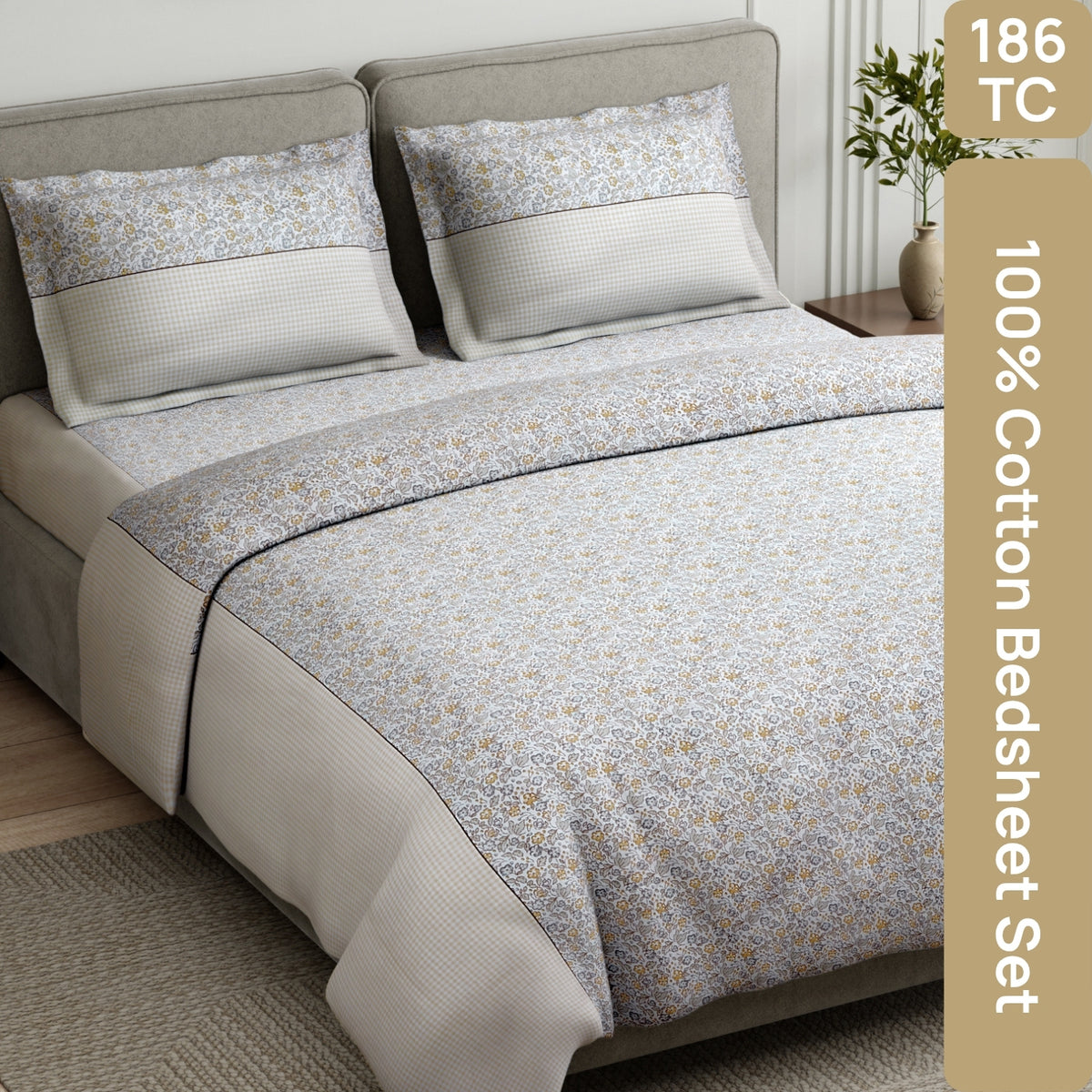 Cottage Calico 100% Cotton Double Flat Bedsheet, Warm Ochre - 186 TC - Bedsheets | haus & kinder