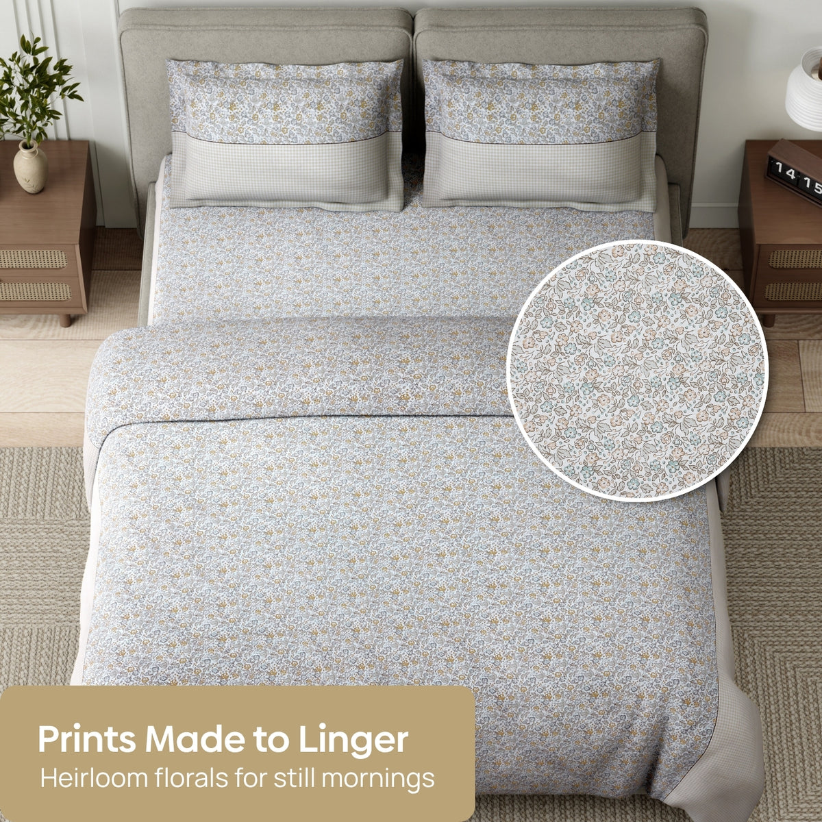 Cottage Calico 100% Cotton Double Flat Bedsheet, Warm Ochre - 186 TC - Bedsheets | haus & kinder