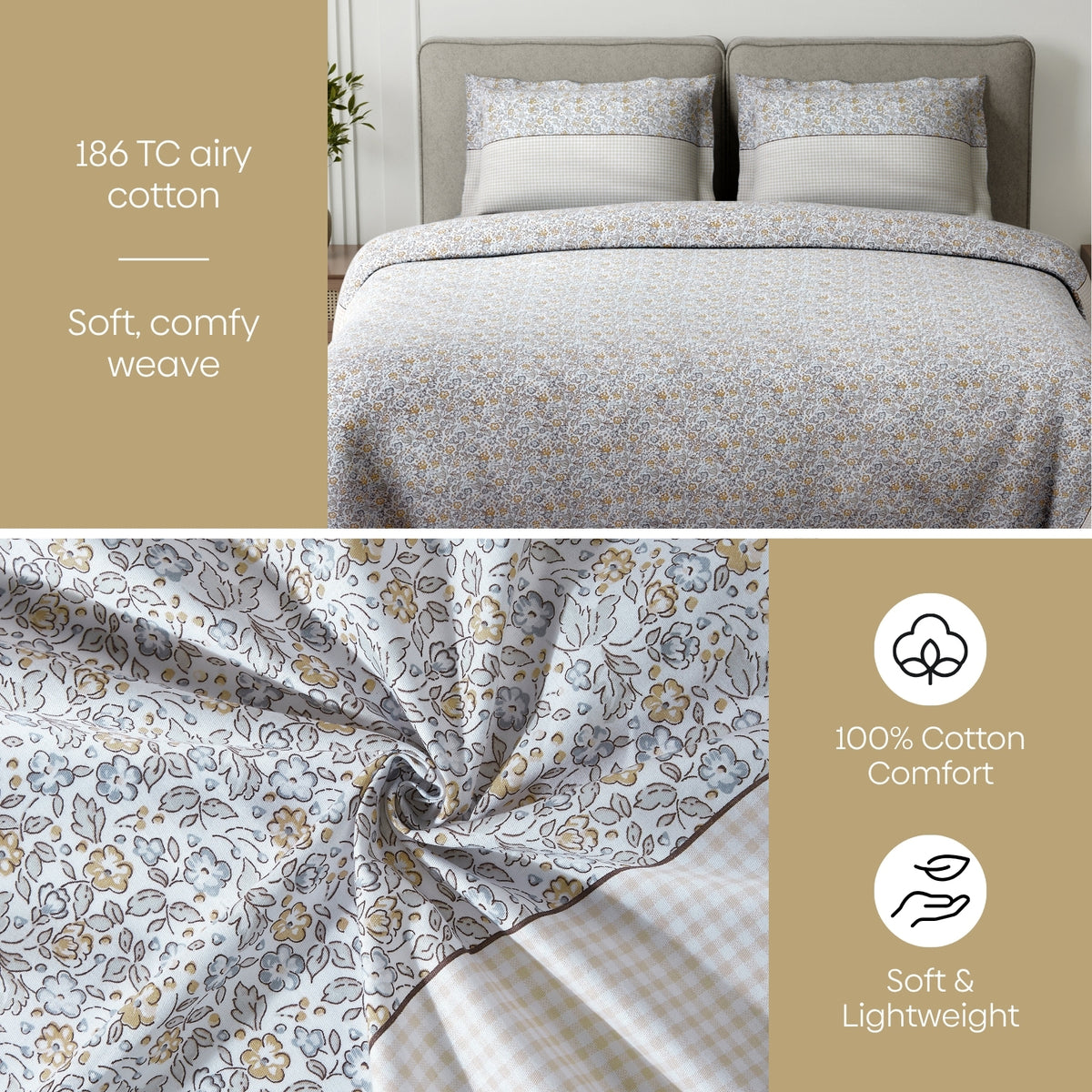 Cottage Calico 100% Cotton Double Flat Bedsheet, Warm Ochre - 186 TC - Bedsheets | haus & kinder