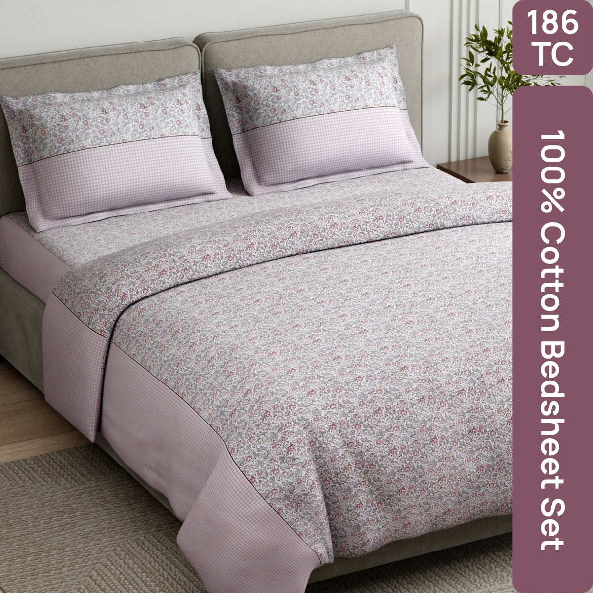 Cottage Calico 100% Cotton Double Flat Bedsheet, Icy Pink - 186 TC - Bedsheets | haus & kinder