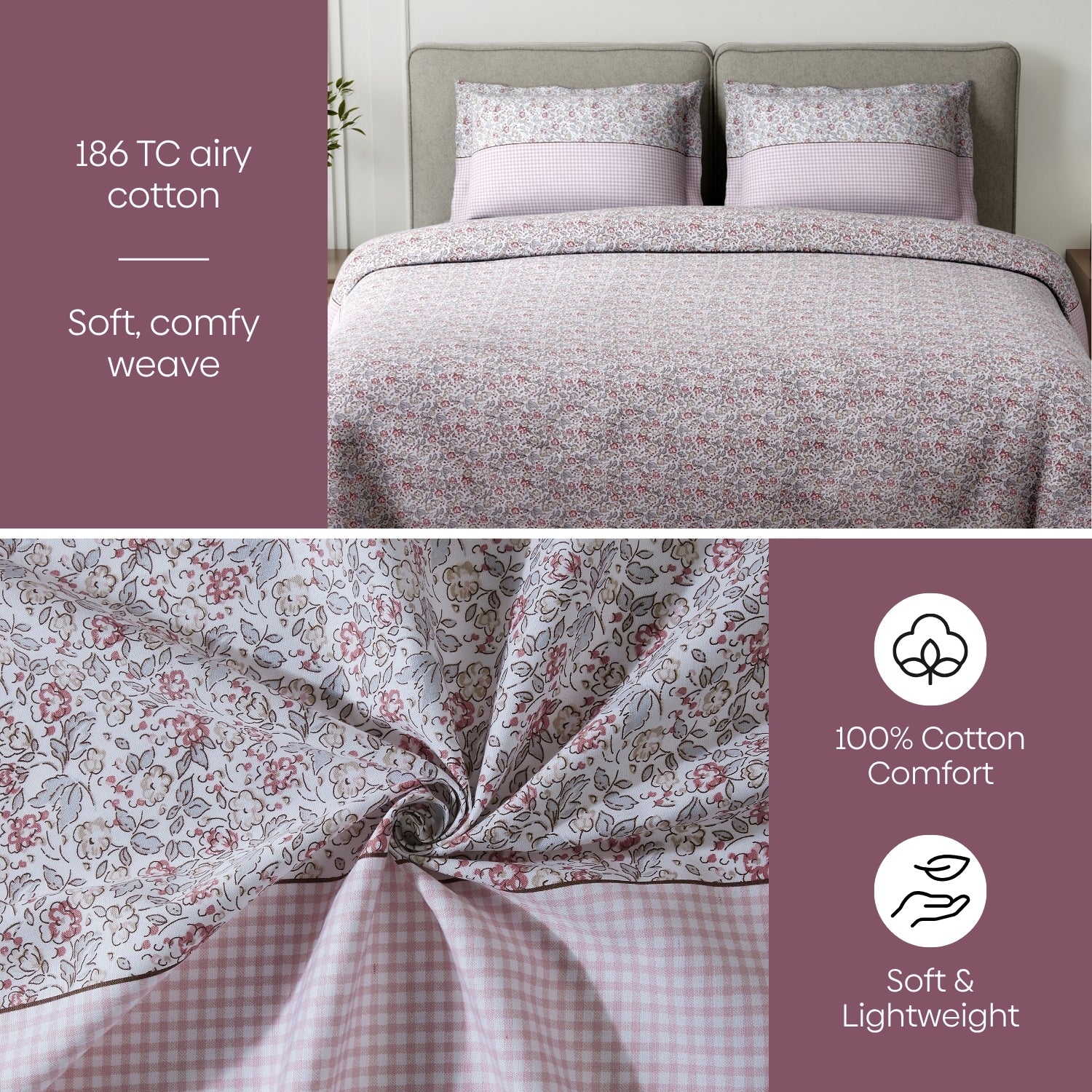 Cottage Calico 100% Cotton Double Flat Bedsheet, Icy Pink - 186 TC - Bedsheets | haus & kinder