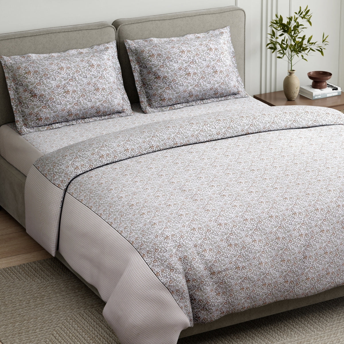 Cottage Calico 100% Cotton Double Flat Bedsheet, Mocha Mousse - 186 TC - Bedsheets | haus & kinder
