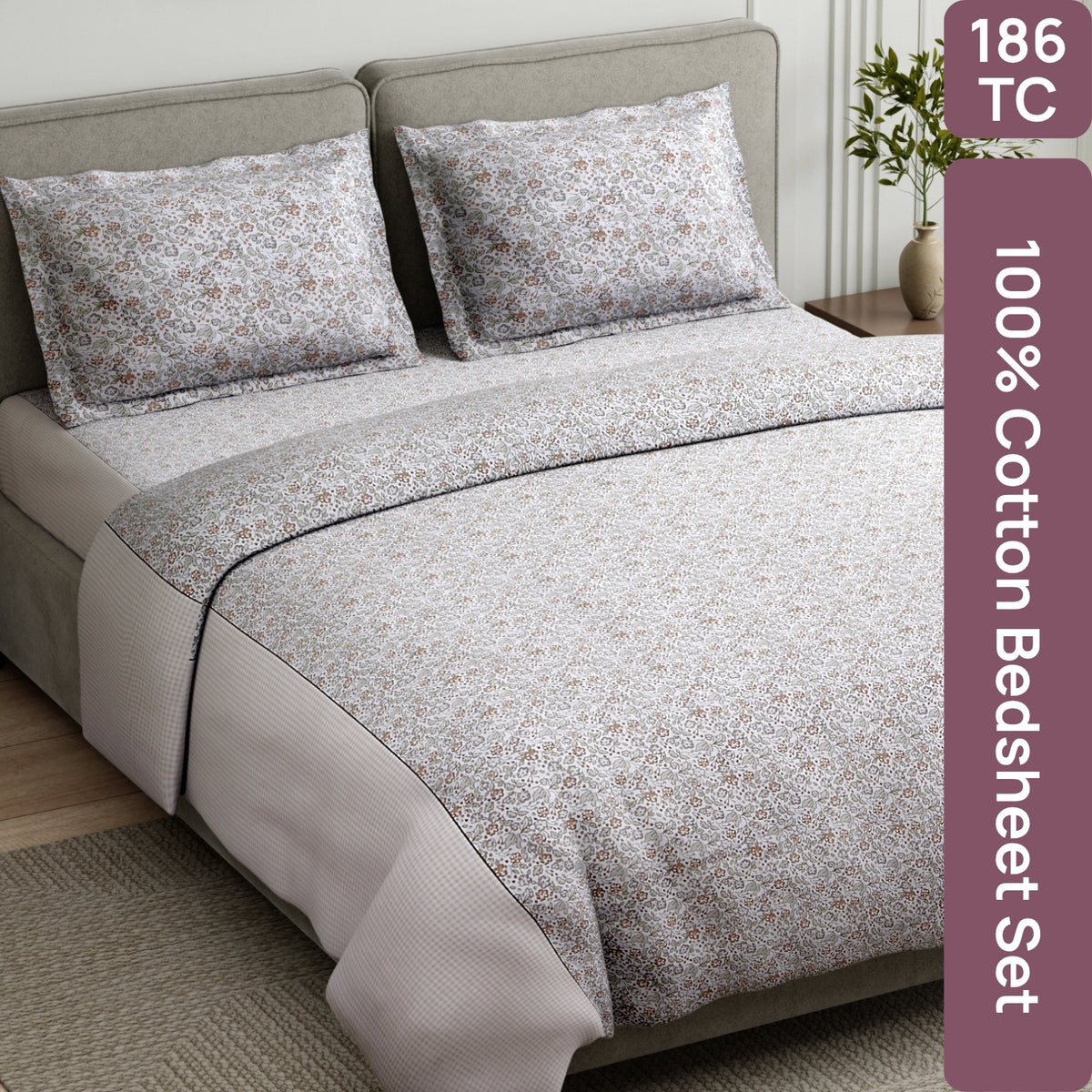 Cottage Calico 100% Cotton Double Flat Bedsheet, Mocha Mousse - 186 TC - Bedsheets | haus & kinder