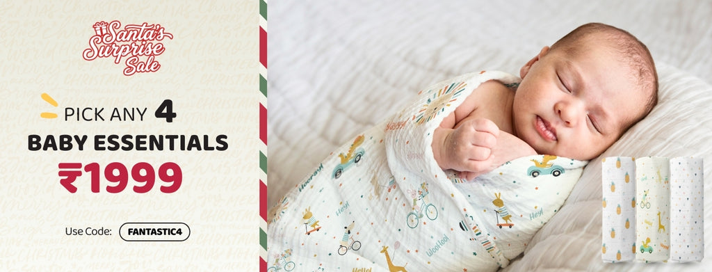 Newborn baby wrapped in a patterned blanket for baby essentials