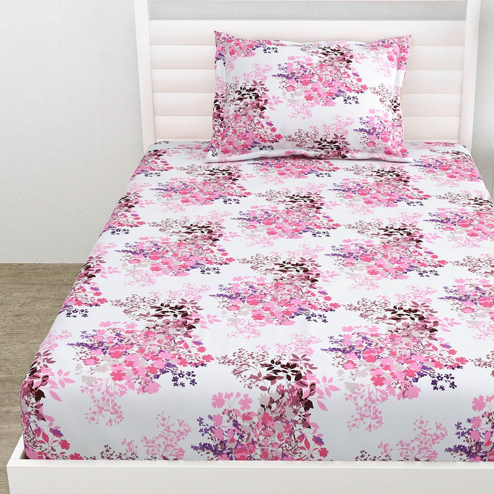 Greek Garden Romance 100% Cotton Double Fitted Bedsheet, 186 TC