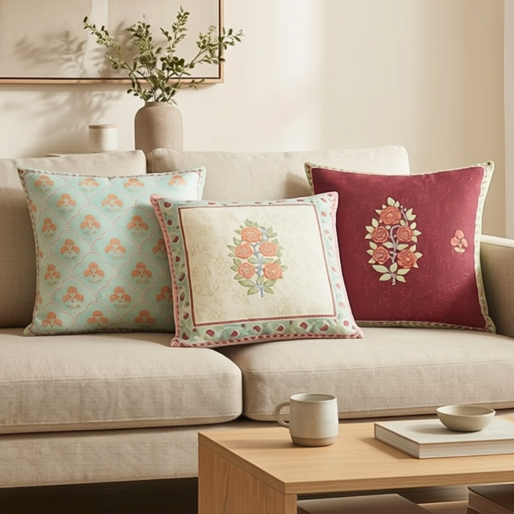 Blossom Court 100% Cotton Cushion Covers, Pack of 3