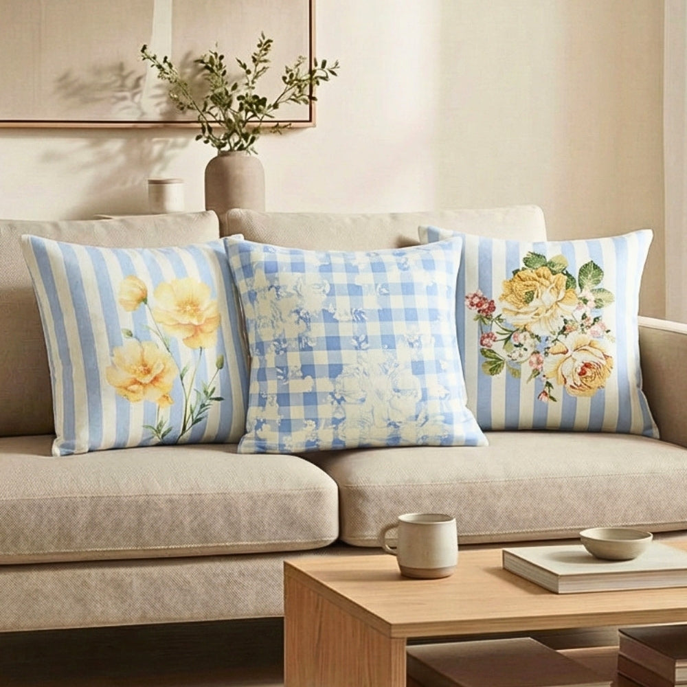 Poppy Stripe 100% Cotton Digital Printed Cushion Covers, Pack of 3