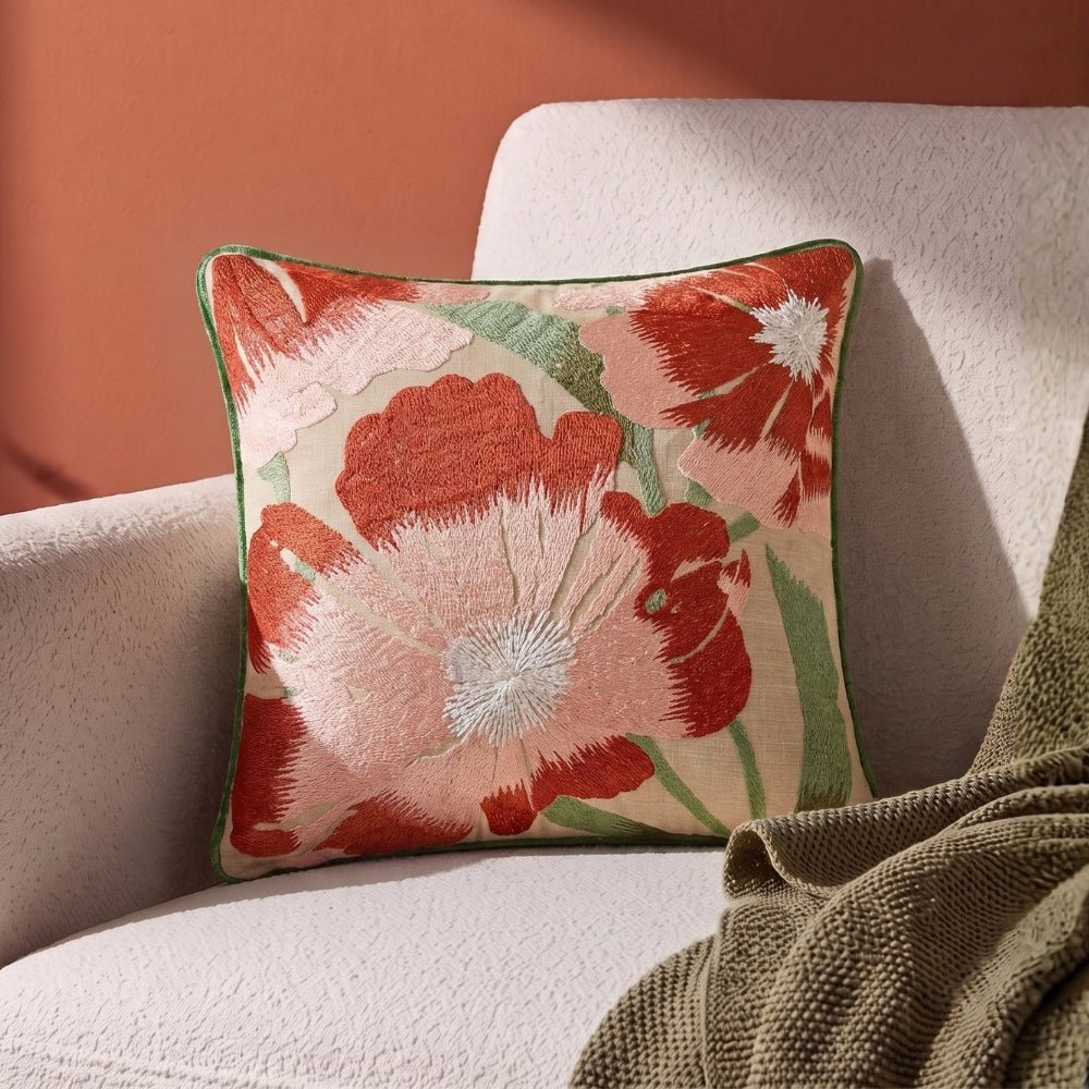 Botanical Bloom Embroidered Cushion Cover Pack of 1, Rust - Cushion Covers | haus & kinder
