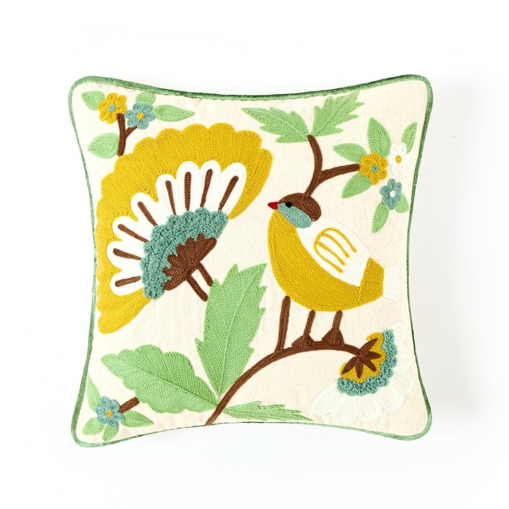 Bird & Bloom Embroidered Cushion Cover Pack of 1, Mustard - Cushion Covers | haus & kinder