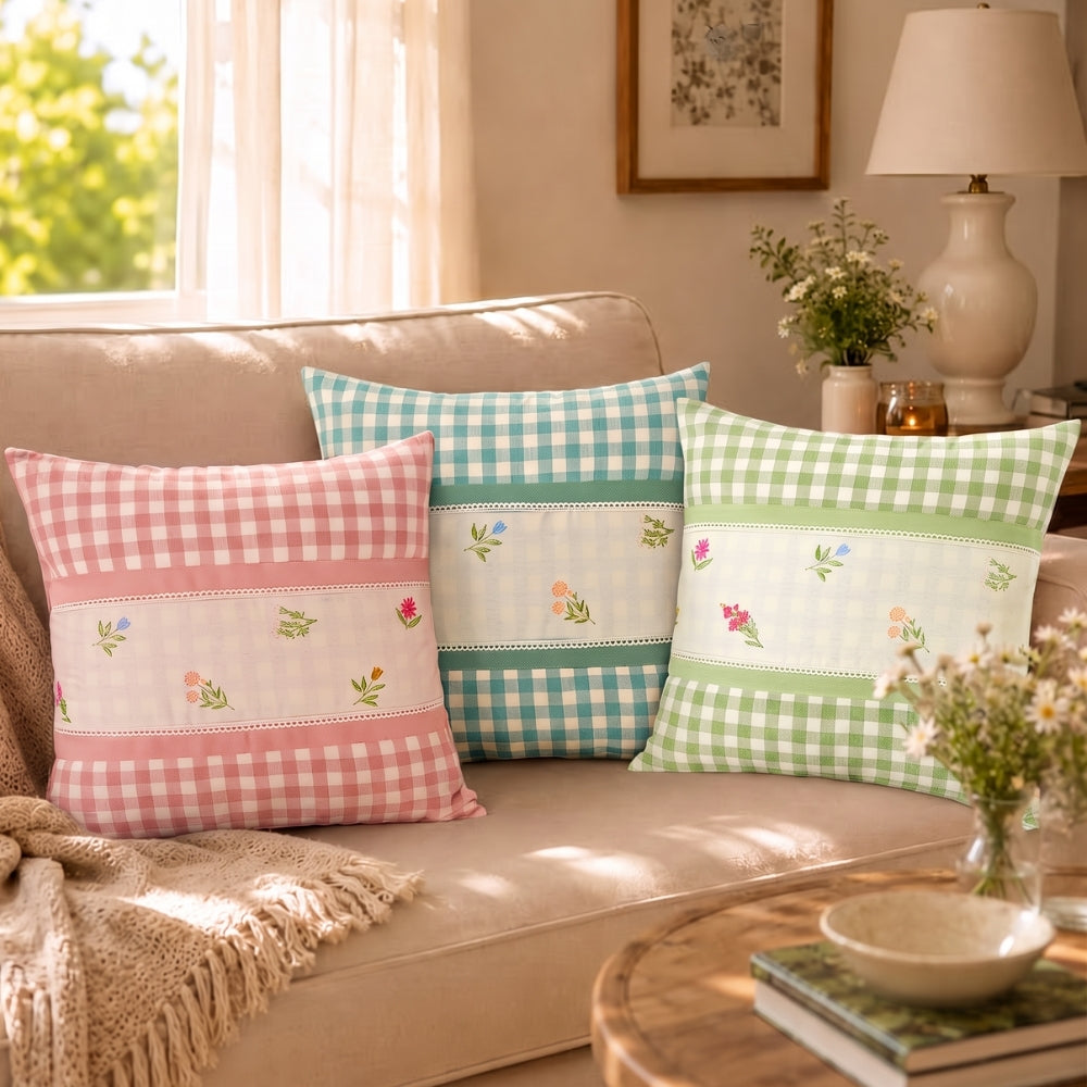 Petal Plaids Embroidered 100% Cotton Cushion Cover, Pack of 3