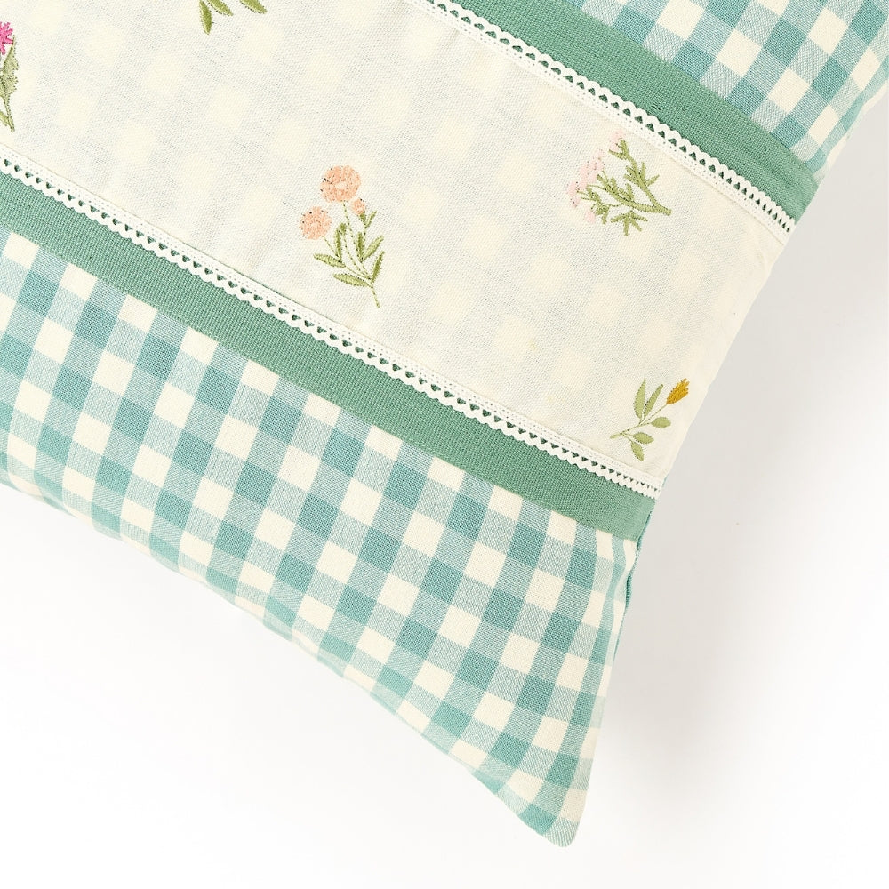 Petal Plaids Embroidered 100% Cotton Cushion Cover, Pack of 3
