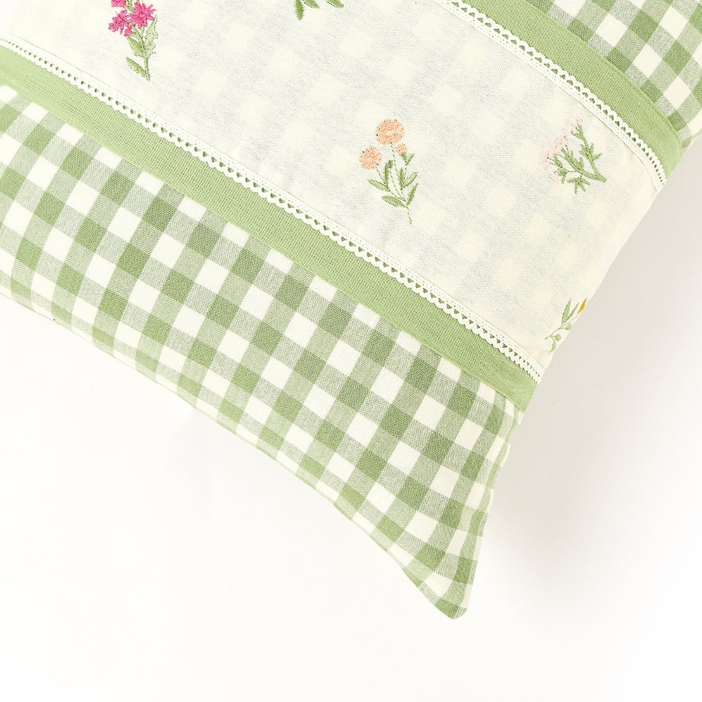Petal Plaids Embroidered 100% Cotton Cushion Cover, Pack of 3