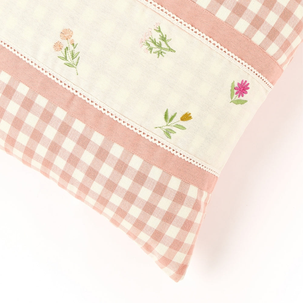 Petal Plaids Embroidered 100% Cotton Cushion Cover, Pack of 3