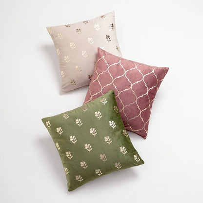 Gold Foil Printed Cotton Velvet Cushion Covers, set of 3 , Festive Flair