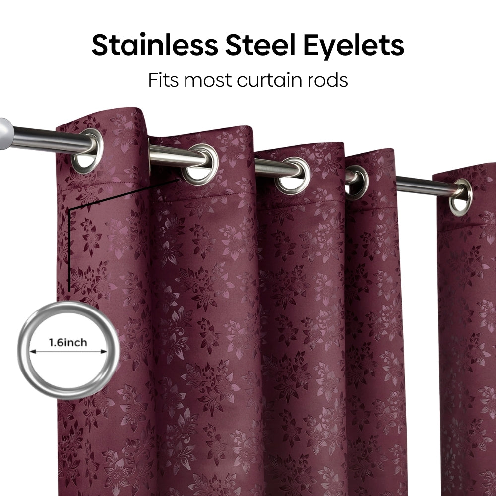 Blackout Solid With Embossed Design Elysian Bloom Pack Of 2 Curtain, Wine