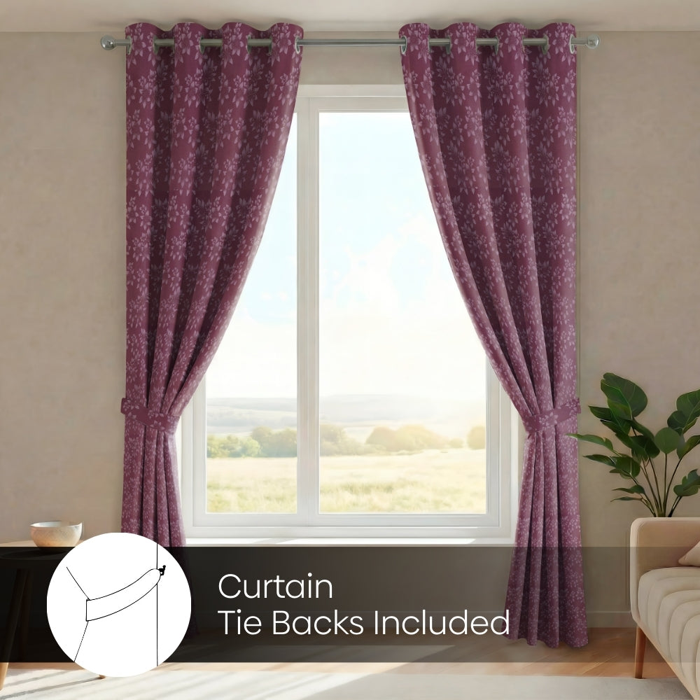 Blackout Solid With Embossed Design Elysian Bloom Pack Of 2 Curtain, Wine
