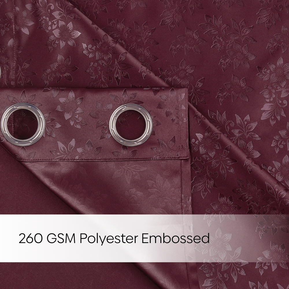 Blackout Solid With Embossed Design Elysian Bloom Pack Of 2 Curtain, Wine
