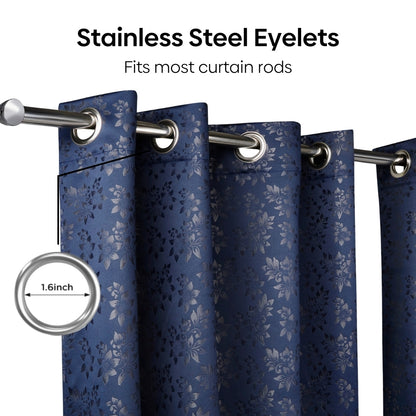 Blackout Solid With Embossed Design Elysian Bloom Pack Of 2 Curtain, Navy