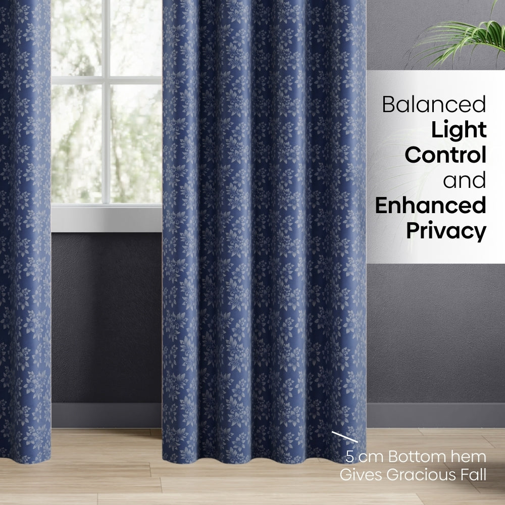 Blackout Solid With Embossed Design Elysian Bloom Pack Of 2 Curtain, Navy