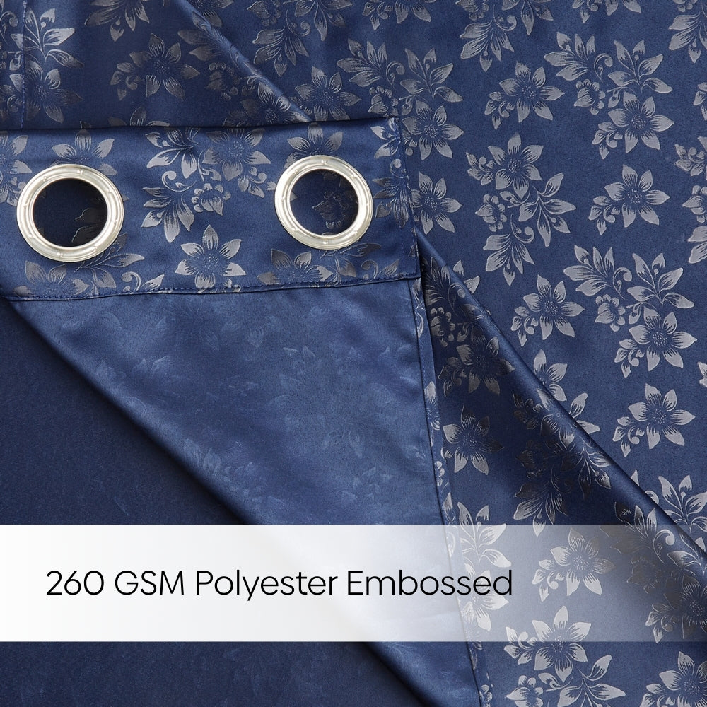 Blackout Solid With Embossed Design Elysian Bloom Pack Of 2 Curtain, Navy