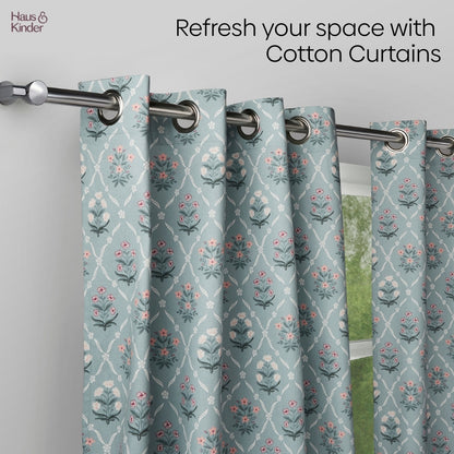 Cotton Printed Curtain Blue Spruce Trellis, Teal