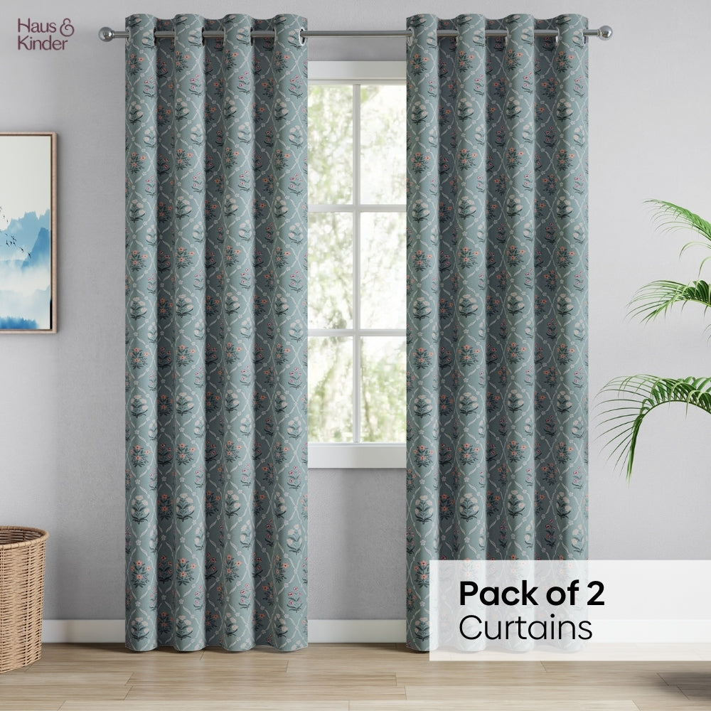 Cotton Printed Curtain Blue Spruce Trellis, Teal