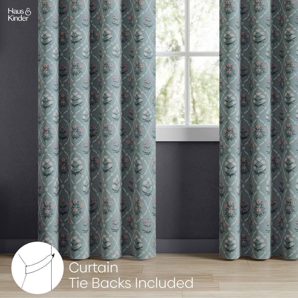 Cotton Printed Curtain Blue Spruce Trellis, Teal