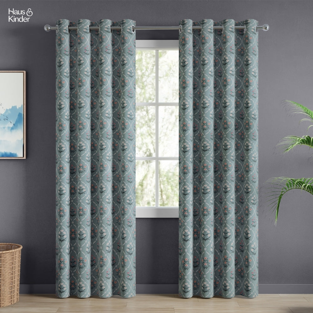 Cotton Printed Curtain Blue Spruce Trellis, Teal