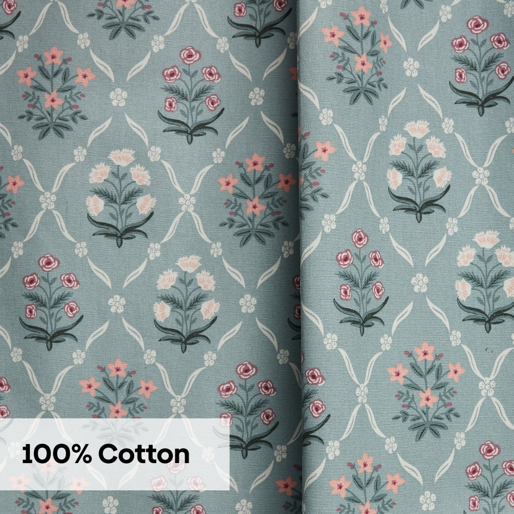 Cotton Printed Curtain Blue Spruce Trellis, Teal