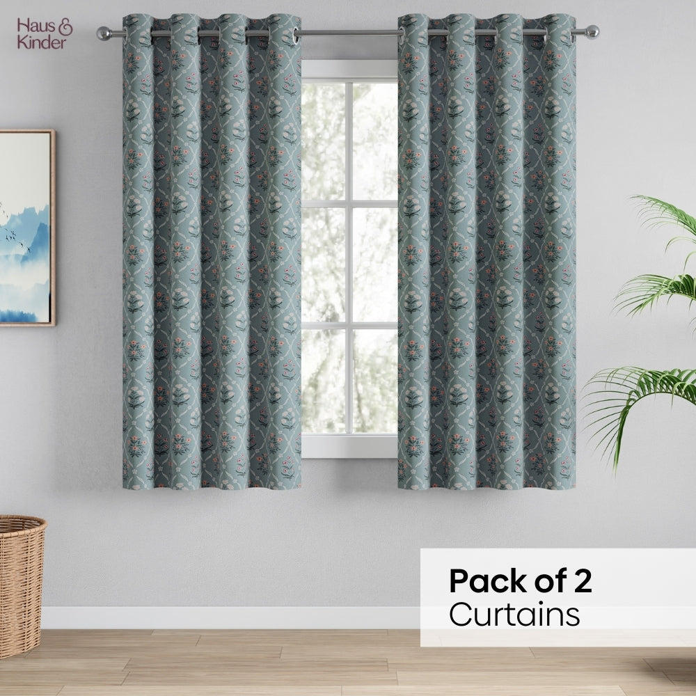 Cotton Printed Curtain Blue Spruce Trellis, Teal