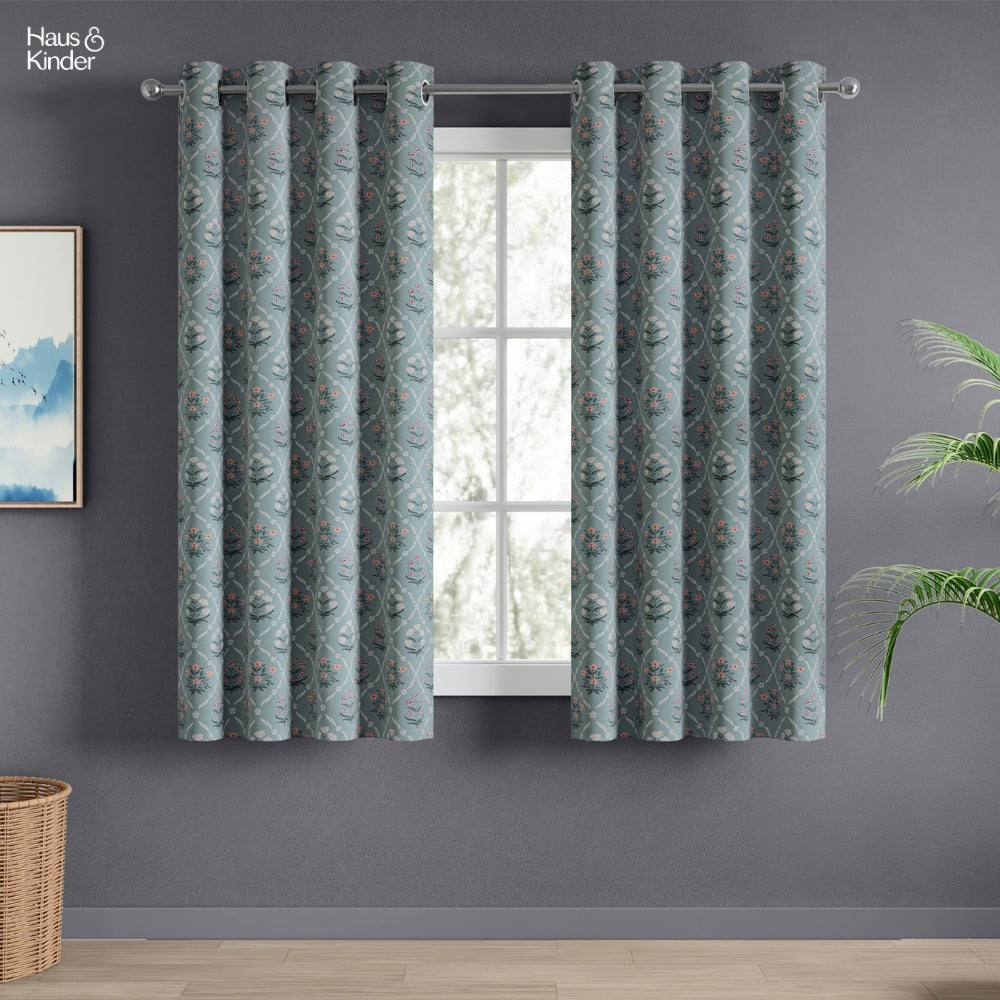 Cotton Printed Curtain Blue Spruce Trellis, Teal