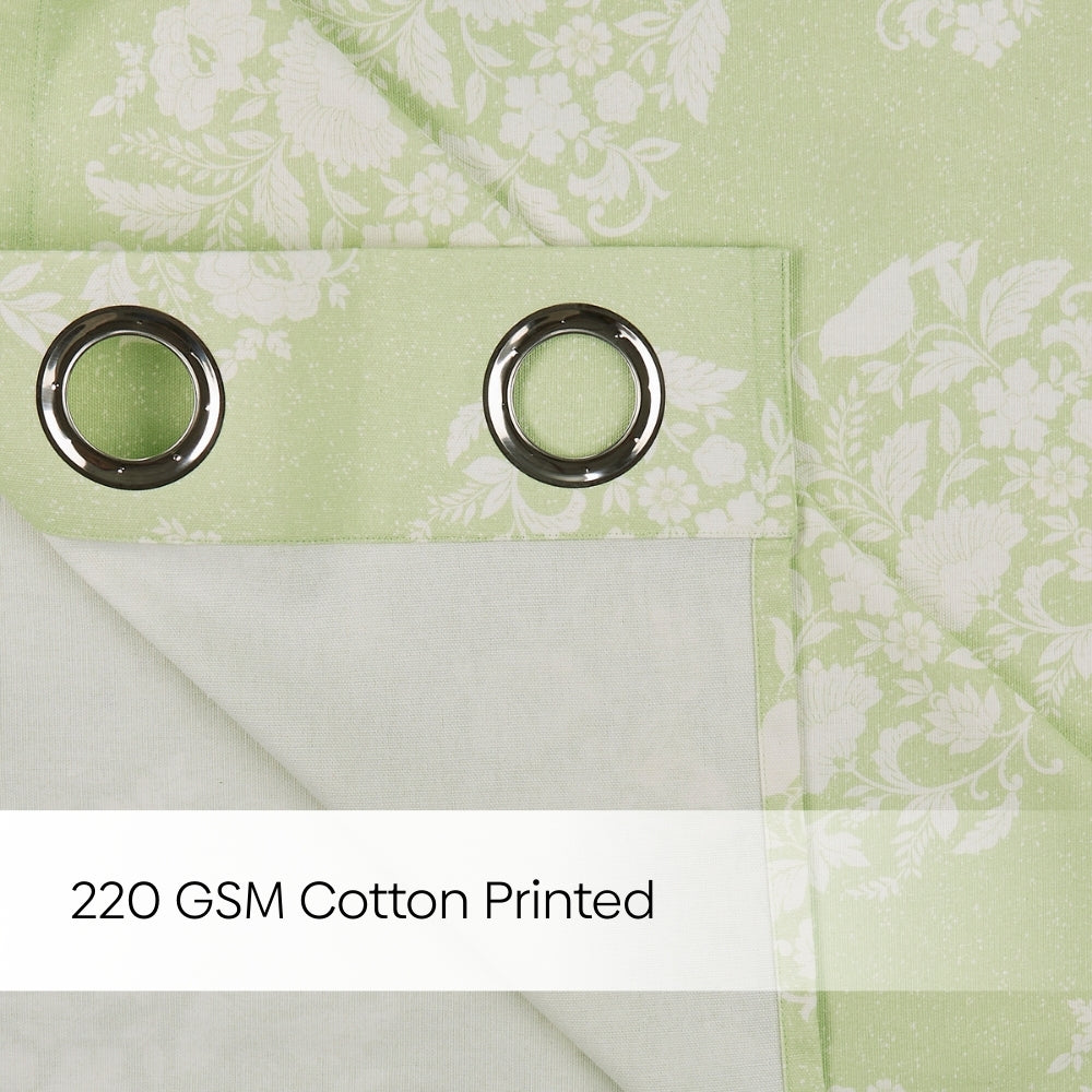 Cotton Printed Pack Of 2 Curtain  Whispering Songbird, Sage Green